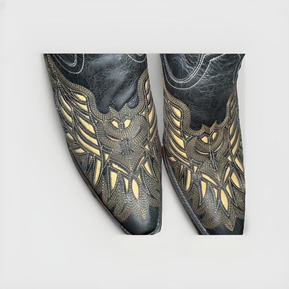 Womans Lucchese M3582 Black Crackle Lazer Design Bone Inlay Cowboy Boots 9.5 B - Picture 3 of 13
